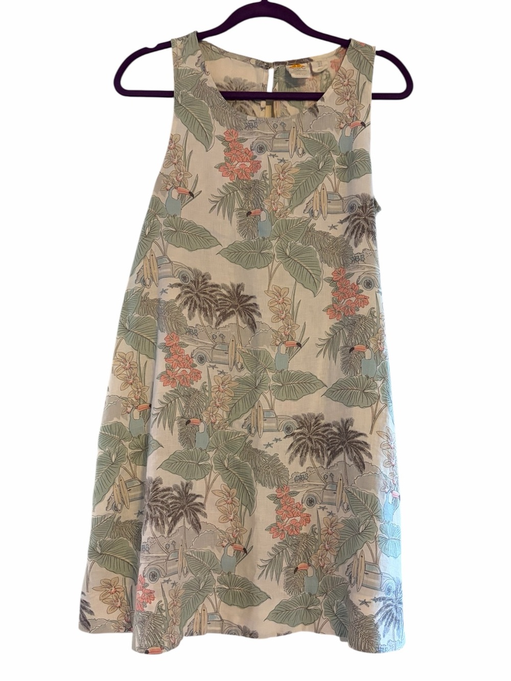C&C California Linen Tropical Palm Toucan Sleeveless Shift Mini Dress Sm
